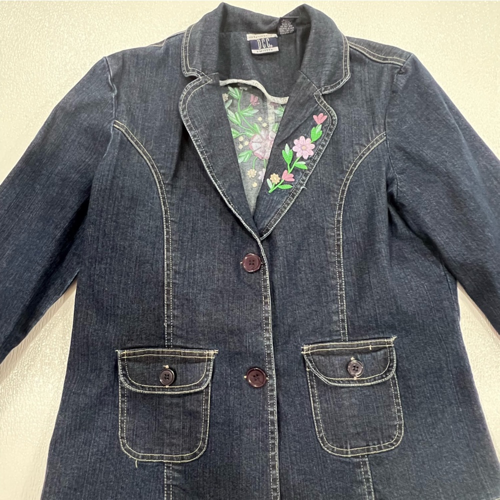 DCC Denim Dark Wash Vintage Blazer Floral Embroidered Back Size Medium